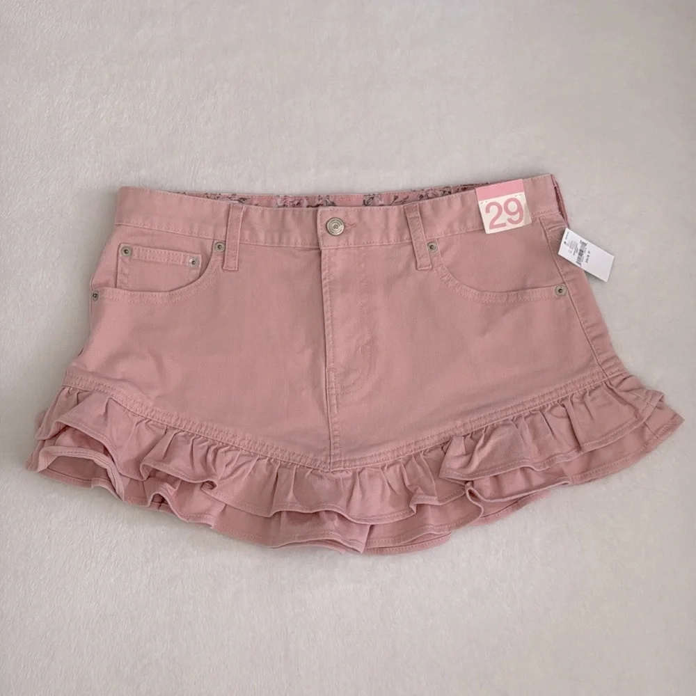 {NWT} GAP x LoveShackFancy | Stretch Denim Ruffle Hem Mini Skirt Pink (29/8P) - Picture 15 of 16